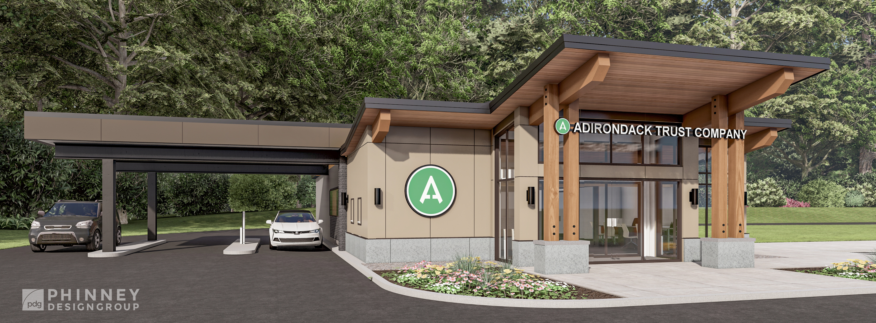 Architect's rendering of the renovated Adirondack Trust Company Malta Branch — modern wood and glass exterior with drive-thru canopy